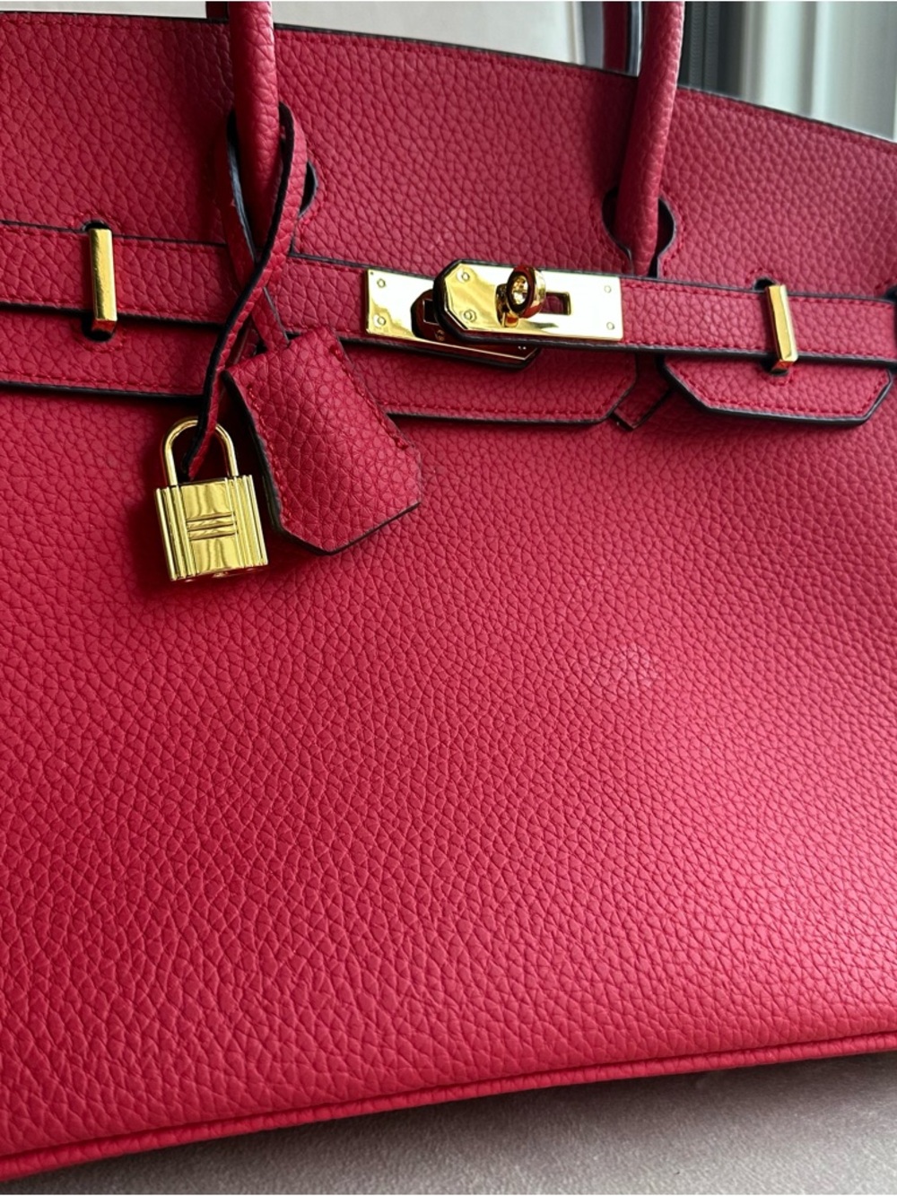 Red Structured Top Handle Bag | Gold Hardware | Statement Classic Style - Picture 5 of 13